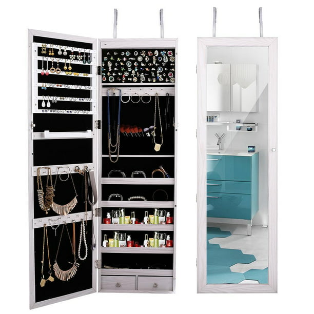 Mirrored Lockable Jewelry Organizer, Full Length Mirror Sliding Beauty Storage Cabinet