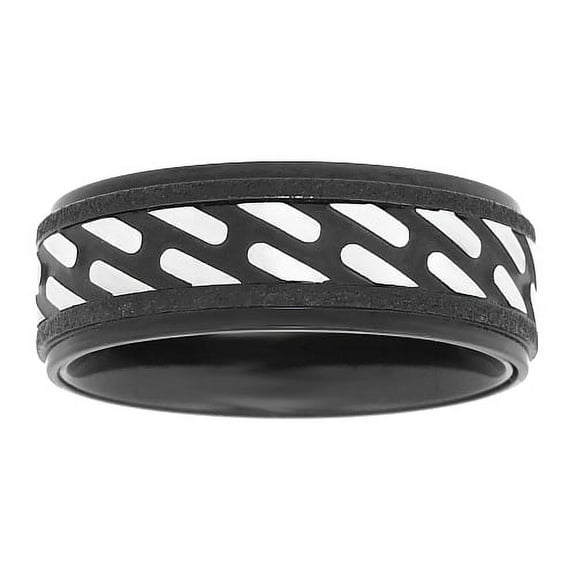 Stainless Steel Industrial Pattern Band Ring for Men with Black Ion Plating - 8 MM Wide - Size 11 by Metro Jewelry
