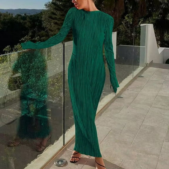 Lilgiuy Trendy Women Casual Solid Color Round-Neck Long Sleeve Dress for New Year Thanksgiving