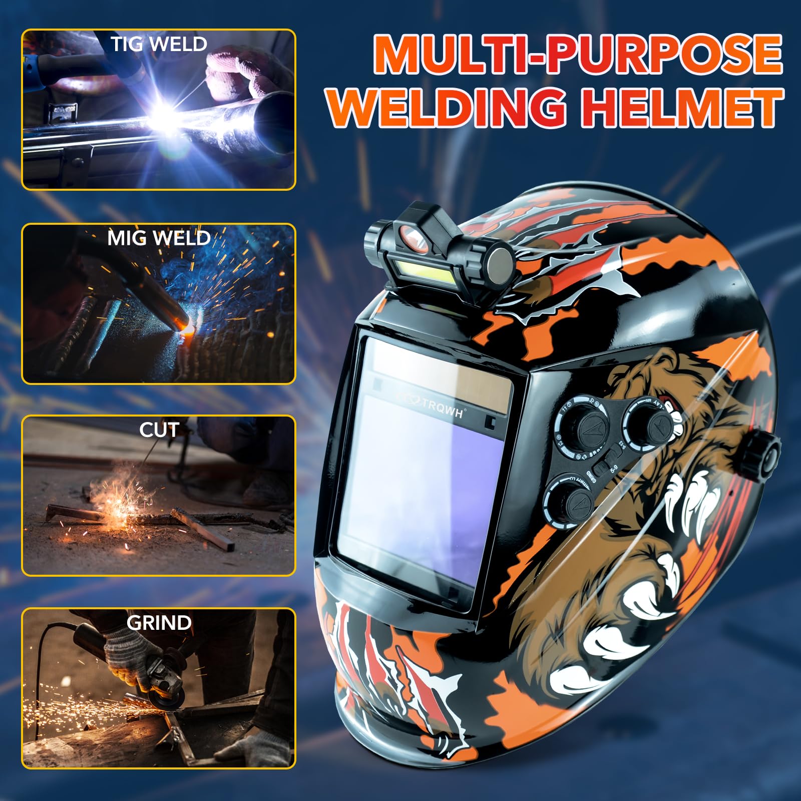 TRQWH Large View 3.94" x 3.15" Welding Helmet Auto Darkening Welding Hood with LED Light Solar Powered True Color 4 Arc Sensor Welding Mask Wide Shade 4/5-9/9-13 Weld Helmet with Grinding (KTS-QLS06)