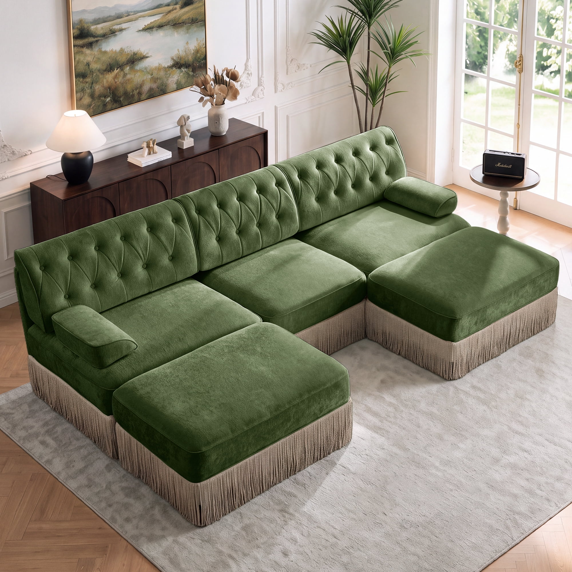 106" Chesterfield 3 Seater U-Shaped Modular Sectional Sofa Set with 2 Ottoman and Tassel Skirt, Easy to Assemble