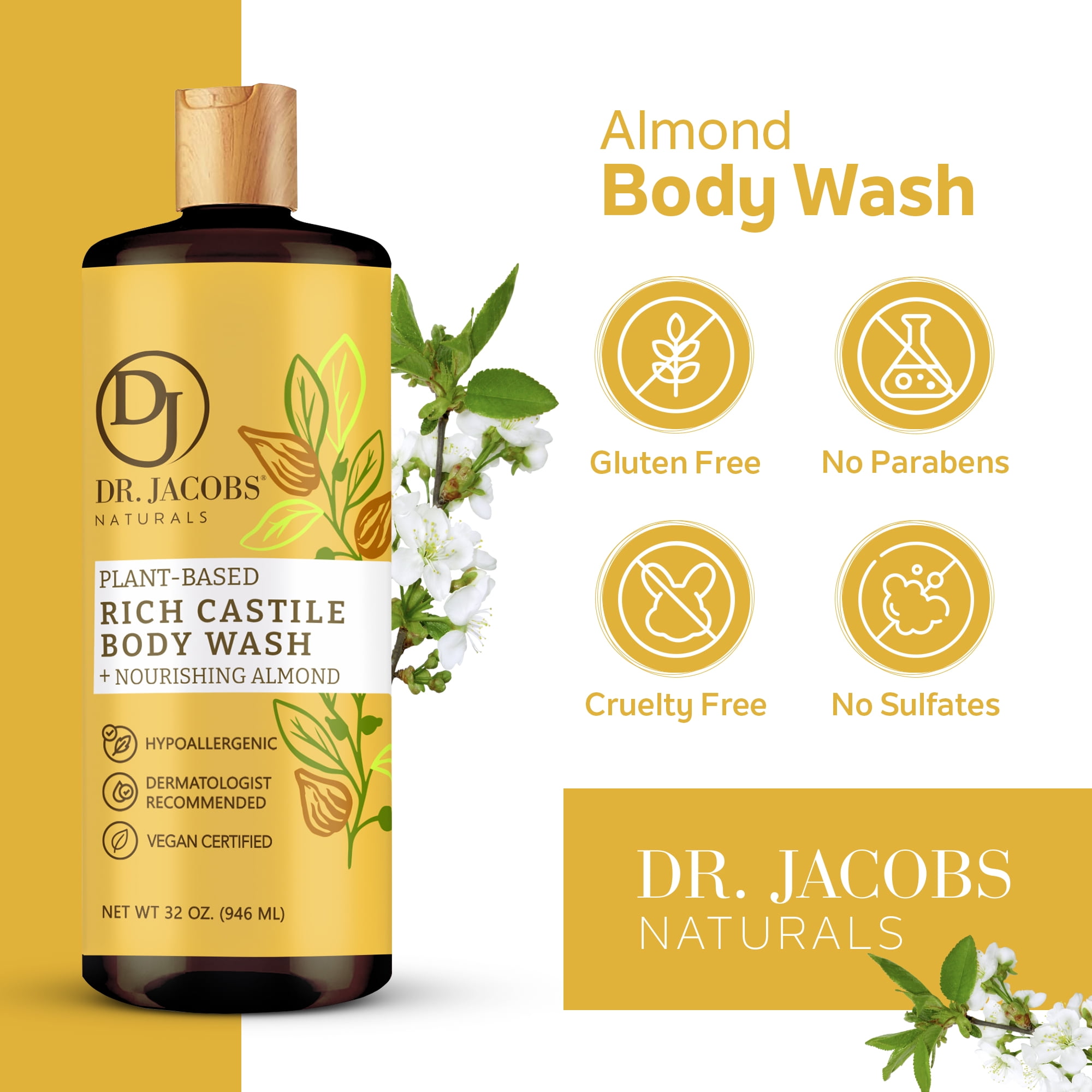 Dr Jacobs Naturals Castile Soap Body Wash Plant Based Liquid Soap, Almond 32 Oz 2-Pack