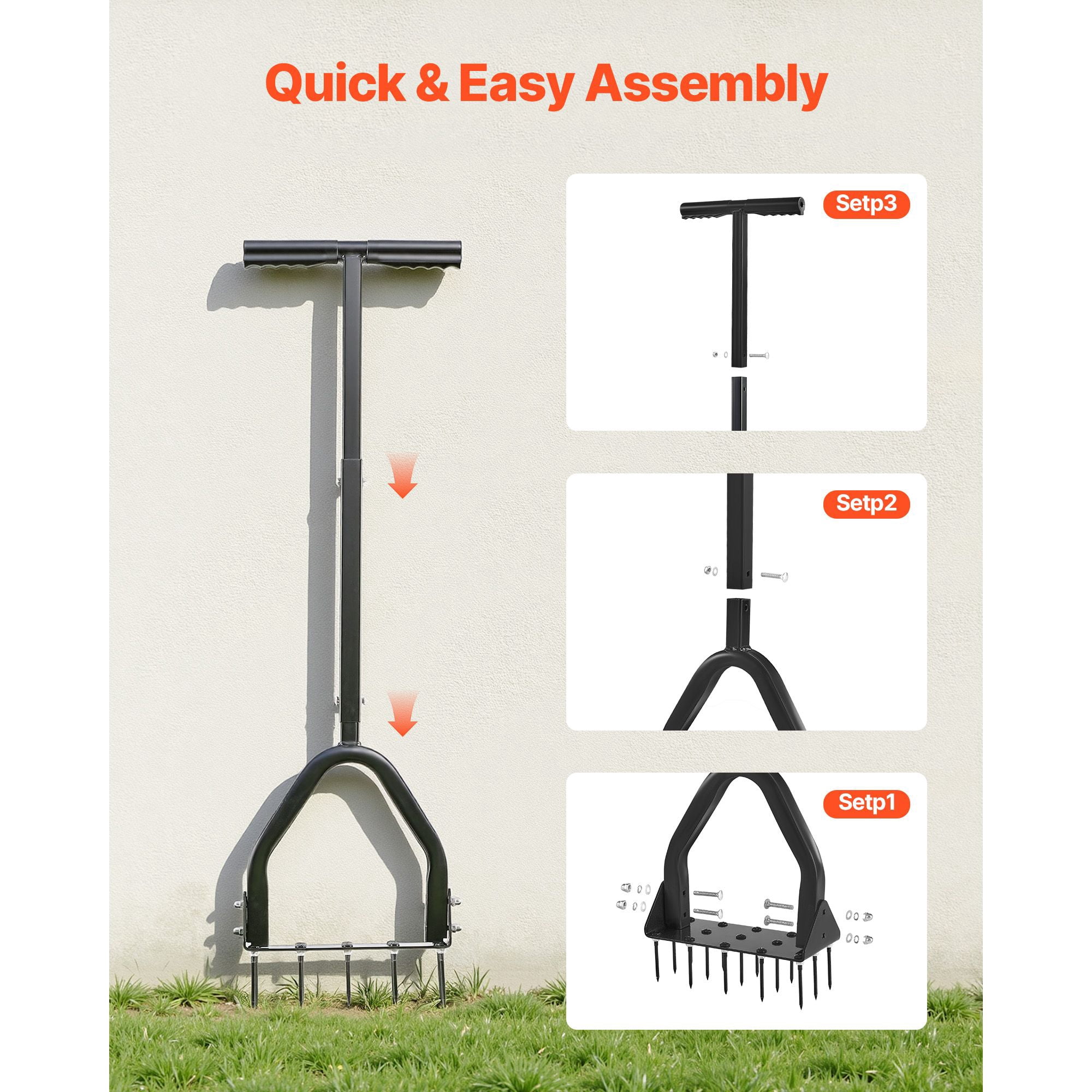 Lawn Aerator Tool, 15 Solid Steel Spikes, 2.8" Penetration Depth, 34.6" Height, 200 lbs Downward Force Capacity, Manual Core Aerator for Lawns, Garden Paths & Pet Areas