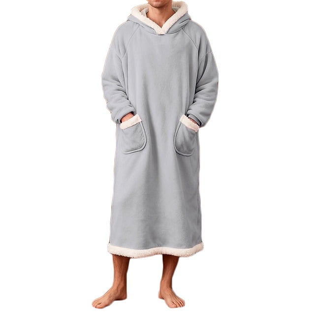 Robe for Men, Casual Solid Fleece Hooded Pocket Pullover Long Sleeve Night Robe, Men's Bathrobe
