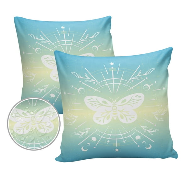 Pack of 2 Outdoor Pillow Covers, Butterfly Hand Drawn Blue Yellow Ombre Waterproof Square Throw Pillowcase Cushion Decorative Pillow Covers for Couch Patio Tent, 18x18 in