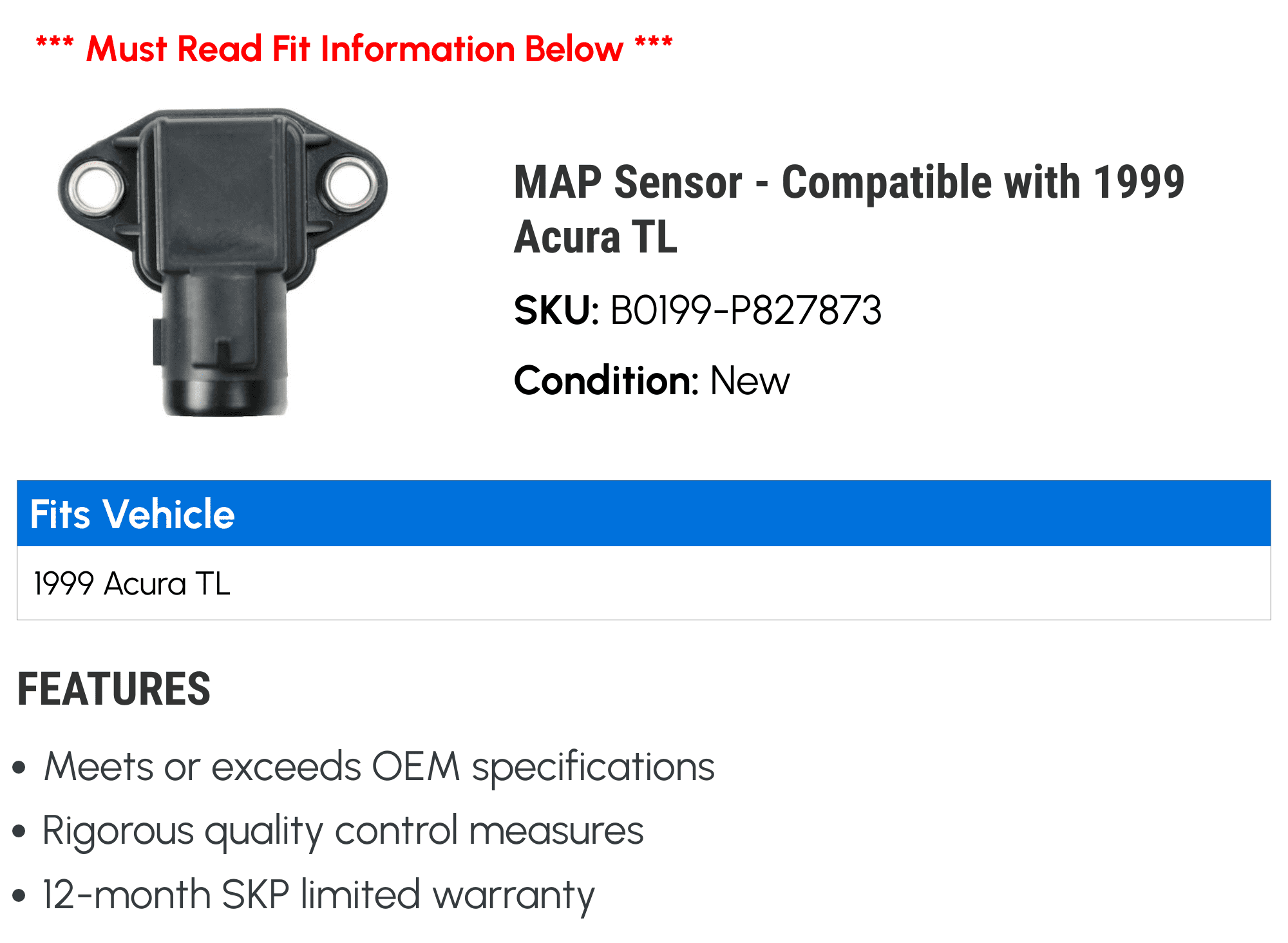 MAP Sensor - Compatible with 1999 Acura TL