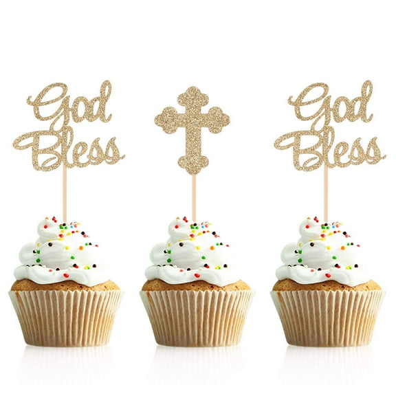 12 Pieces Glitter God Bless and Cross Cupcake Topper Picks for Baptism Party Decorations
