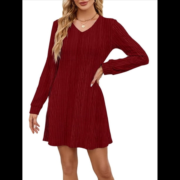 Vestido Tipo Suéter de Punto de Larga para Mujer, Estilo Túnica Informal con Cuello en V, Conjuntos de Moda para Otoño. Vino Tinto L