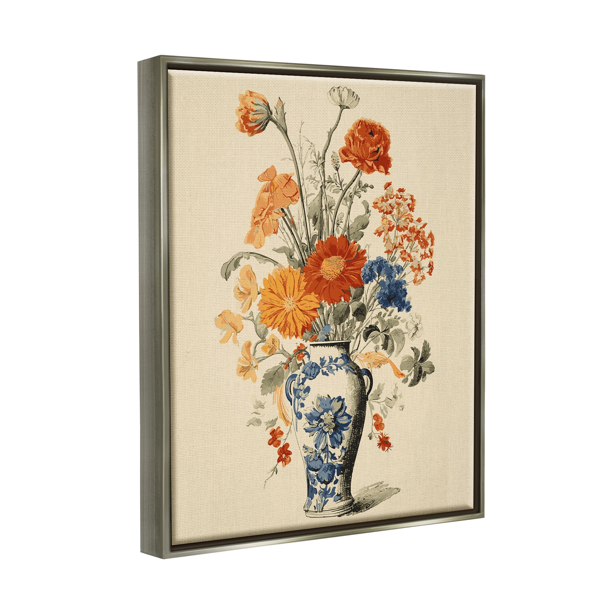 Stupell Industries Ornate Pottery Bouquet Botanical & Floral Painting Gray Floater Framed Canvas Art Print Wall Art, 17 x 21