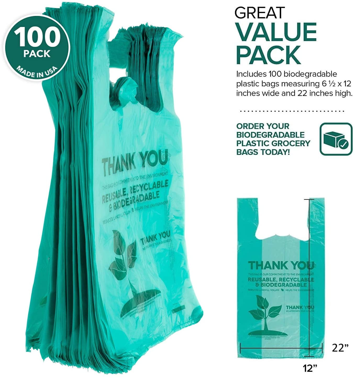 RW Eco Green Plastic T-Shirt Bag - 1/6 Size, Compostable - 12 x 6 1/2 x  22 - 500 count box