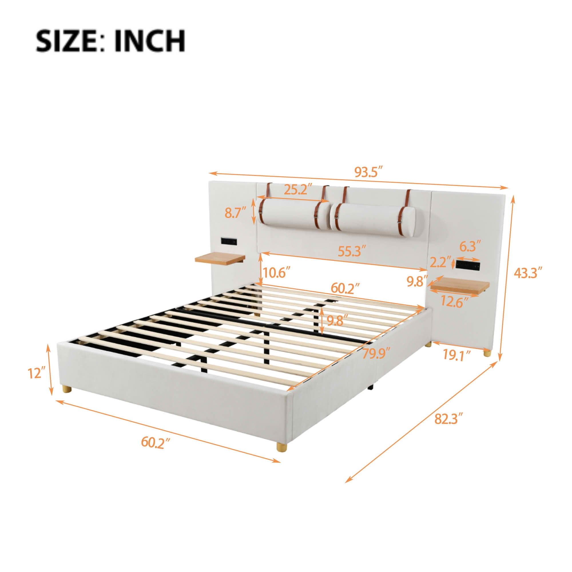 MAYEERTY Queen Size Upholstered Platform Bed, Two Outlets and USB Charging Ports on Both Sides, Two Bedside Pillows, Storage Shelves, Velvet, Beige