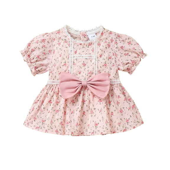 PINQI Baby Midi Blouse Girls Short Sleeves Flower Bow Tie Top Summer Print T-shirt Blouse Tops Casual Clothes for 0 to 18 Months
