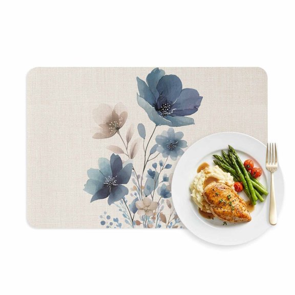 Placemats Set of 1, Vintage Blue Naked Flowers Placemat Waterproof Oil-Proof Wipeable Table Mats 12x18in, Country Floral on Linen Washable Place Mats for Kitchen Dining Table Party Outdoor