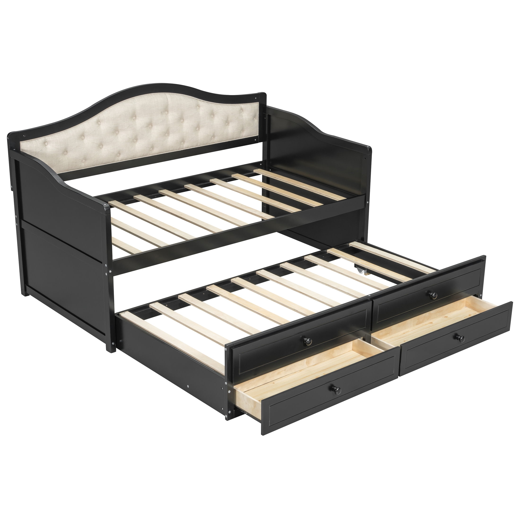 Noble House Twin Daybed with Trundle, 2 Storage Drawers, Upholstered Tufted Backrest, Black
