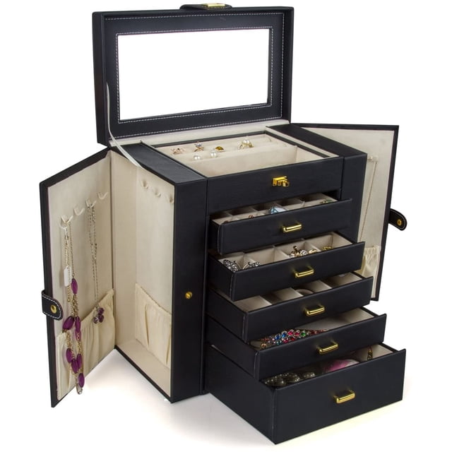 Organizador Joyero Kendal Grande con más de 20 Compartimientos Espejo Piel Negro Kendal LJC-SHD5BK