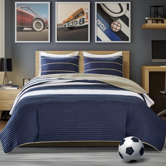 AllWays Plaza Quilt Set Trendy Casual Fun, Vibrant Color Design, Hypoallergenic All Season, Lightweight Coverlet Bedspread Cozy Kids Bedding & Sham Twin/Twin XL Verone White Blue Stripe 2 Piece