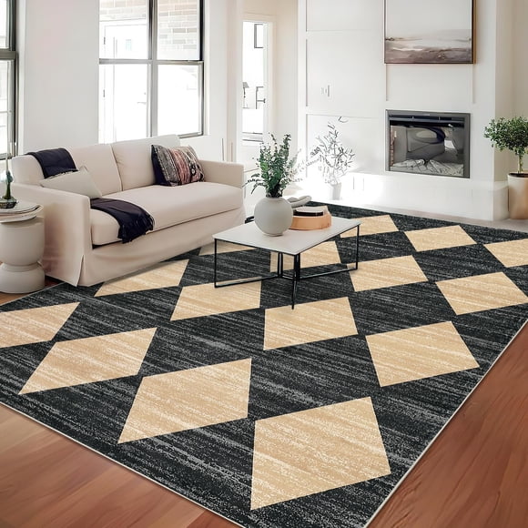Tapis 9x12 Lavable Tapis Noirs pour Salon Antidérapant Tapis Neutre Tapis Usé à Carreaux Tapis de Bureau Tapis Résistants aux Taches pour Salle à Manger Noir et Brun