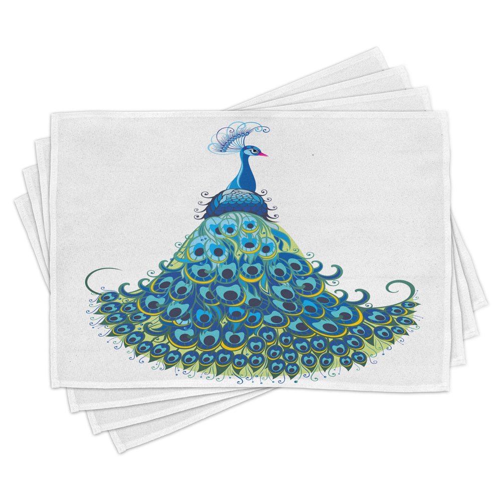Peacock Placemats Set of 4 Peacock Illustration Floral Classical Curvy