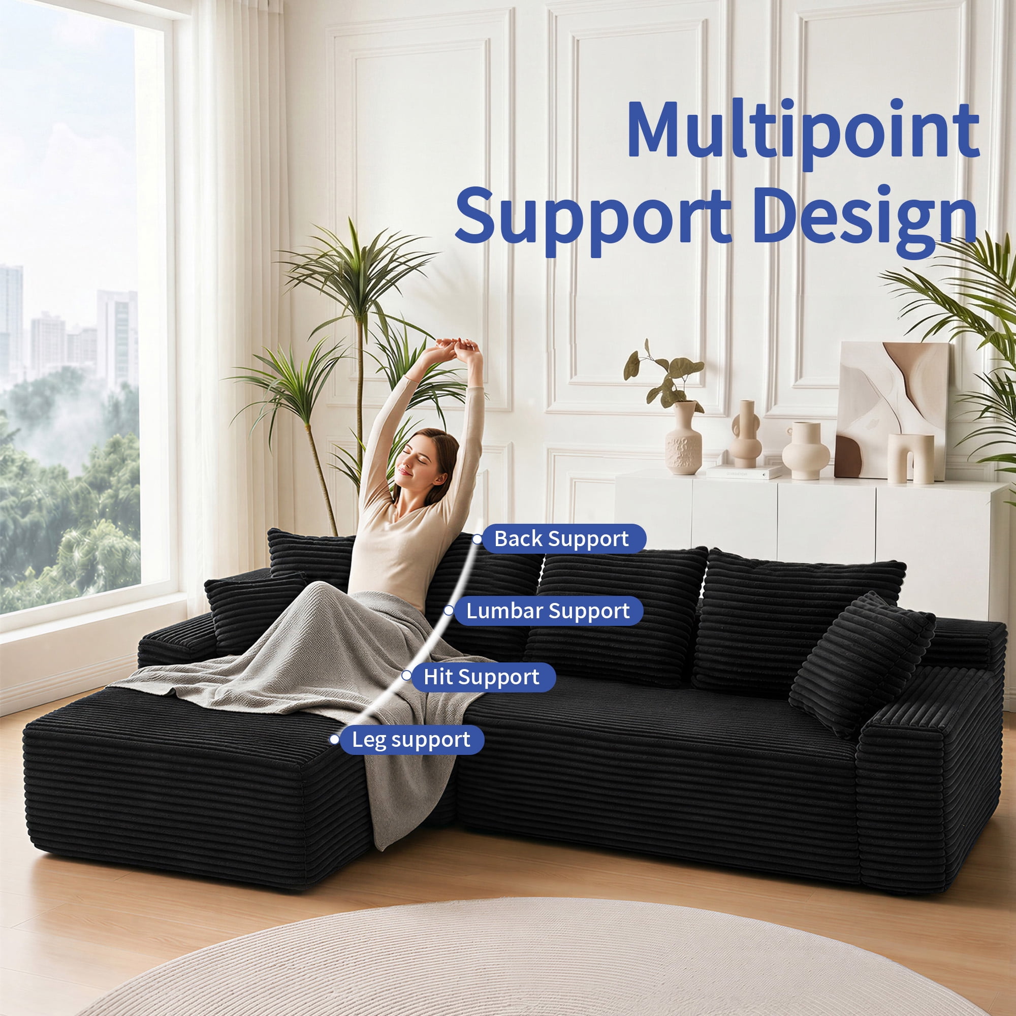 Leumius 95" Boneless Modular Sectional Sofa with Chaise,L-Shaped Comfy Corduroy Couch with Deep Seat,Upholstered Sectional Couch for Living Room, No Assembly,Black
