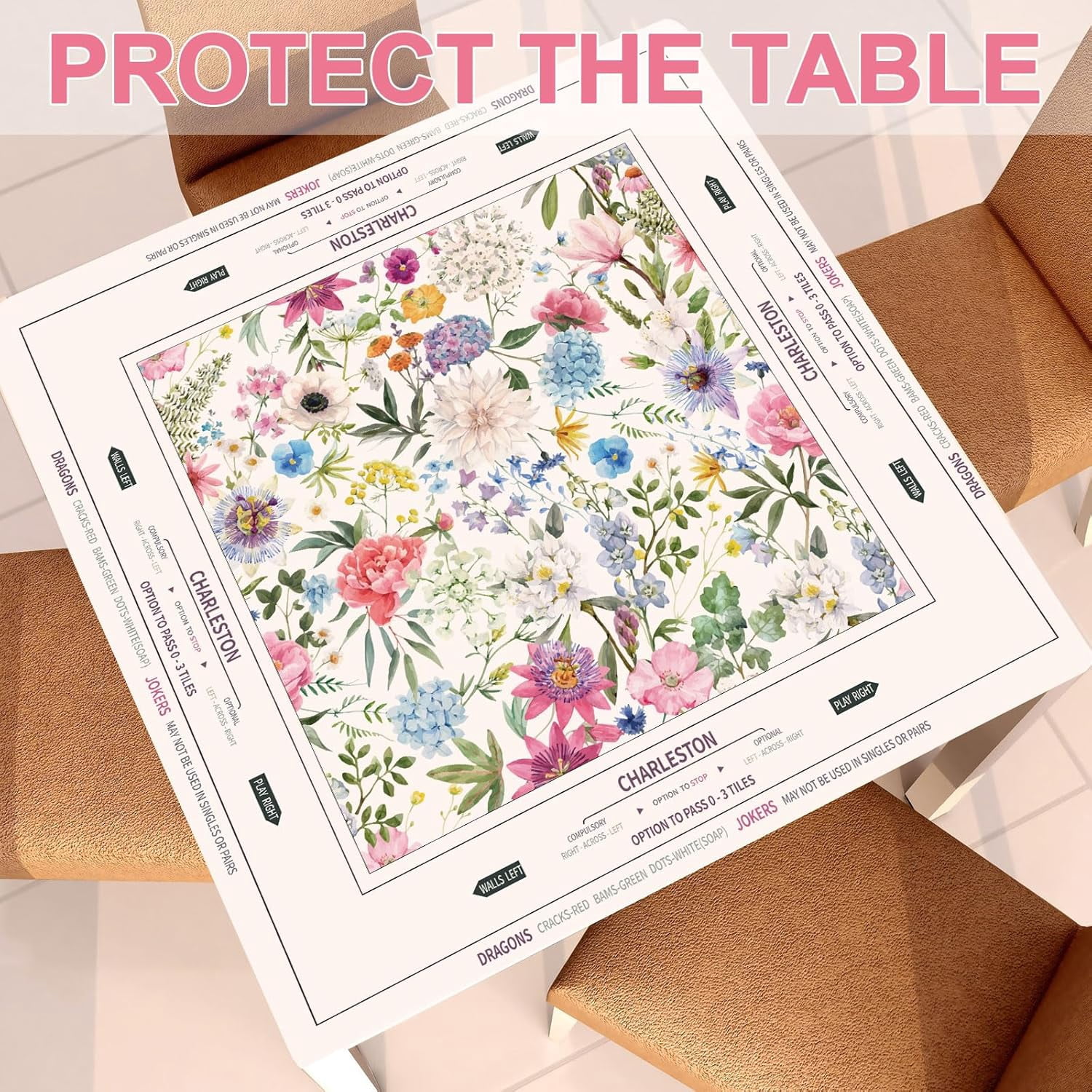 Tegeme Chinoiserie Mahjong Mat Anti Slip and Noise Reduction Multi Purpose Game Table Cover Non-Slip Noise Reduction Gaming Rug for Mahjong Card Board Tile Games(Floral,31.5" X 31.5")