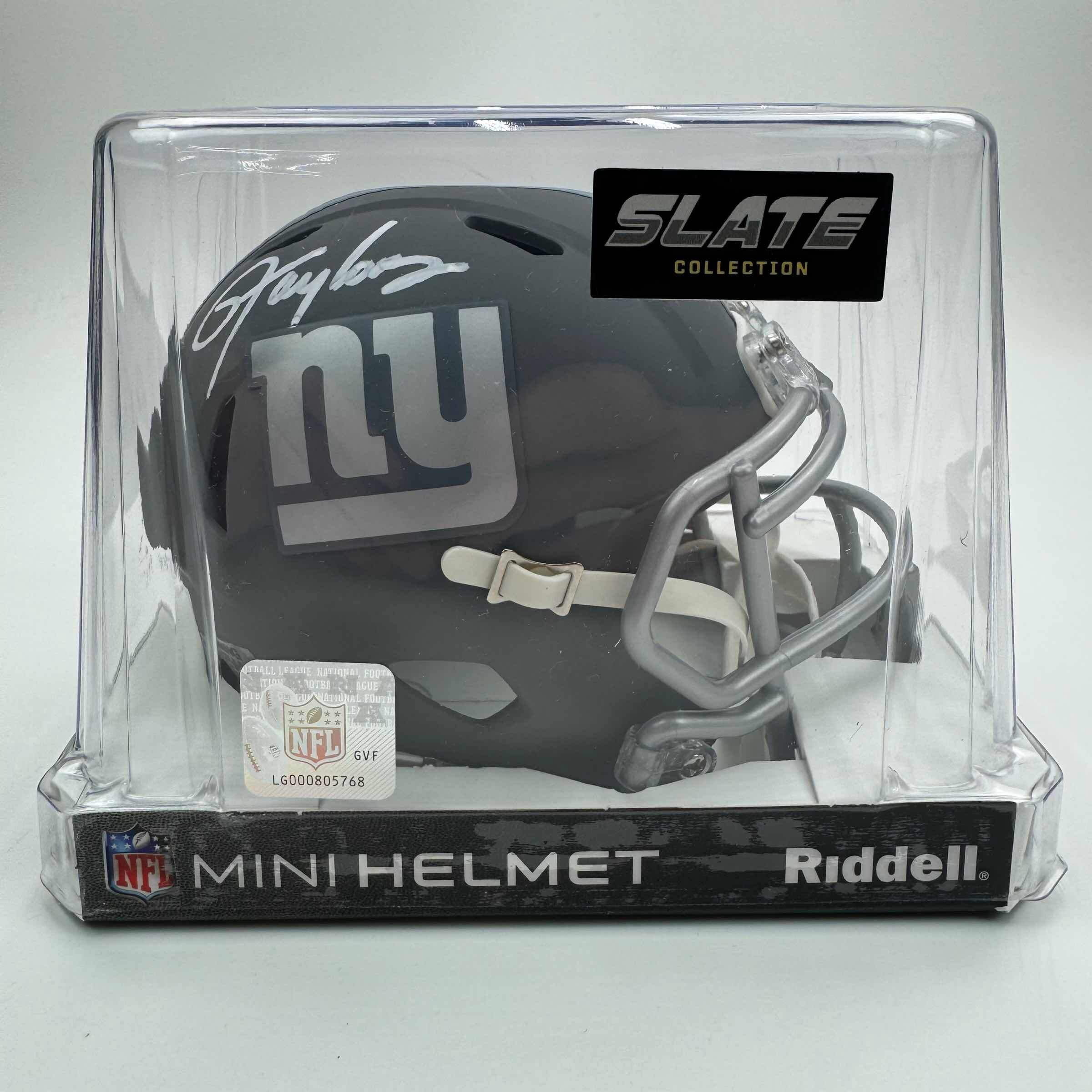 Autographed/Signed Lawrence Taylor New York Giants Silver Mini Football Helmet Beckett BAS COA