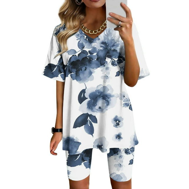 Ensembles d'Entraînement pour Femmes 2 Pcs Mode Féminine Blouse à Col en V Manches Courtes Hauts Shorts Costume Décontracté Ensembles 2 Pcs en Liquidation