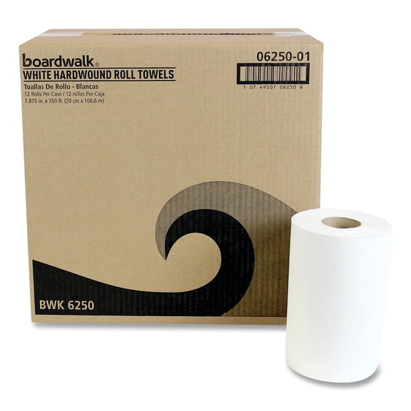 6250 Hardwound Paper Towels, Nonperforated 1-Ply White, 350 ft (Case of 12 Rolls)