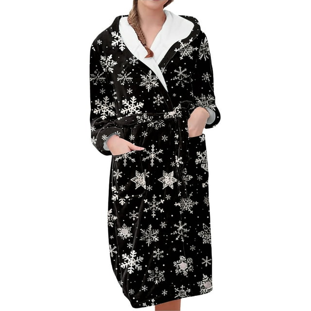 Women's Fleece Plush Robe Long Warm Plush Bathrobe Loungewear Jacket Printed Comfort Robe