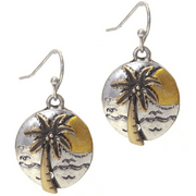 Round Palm Tree Paradise Dangle Coin Earrings Silver and Gold