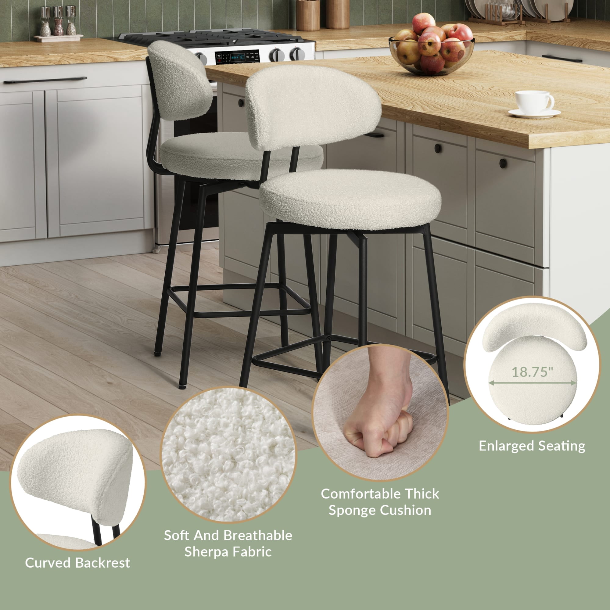 WestinTrends Alexandria Modern Upholstered Sherpa Fabric Counter Height Bar Stools with Back (Set of 2), Cream