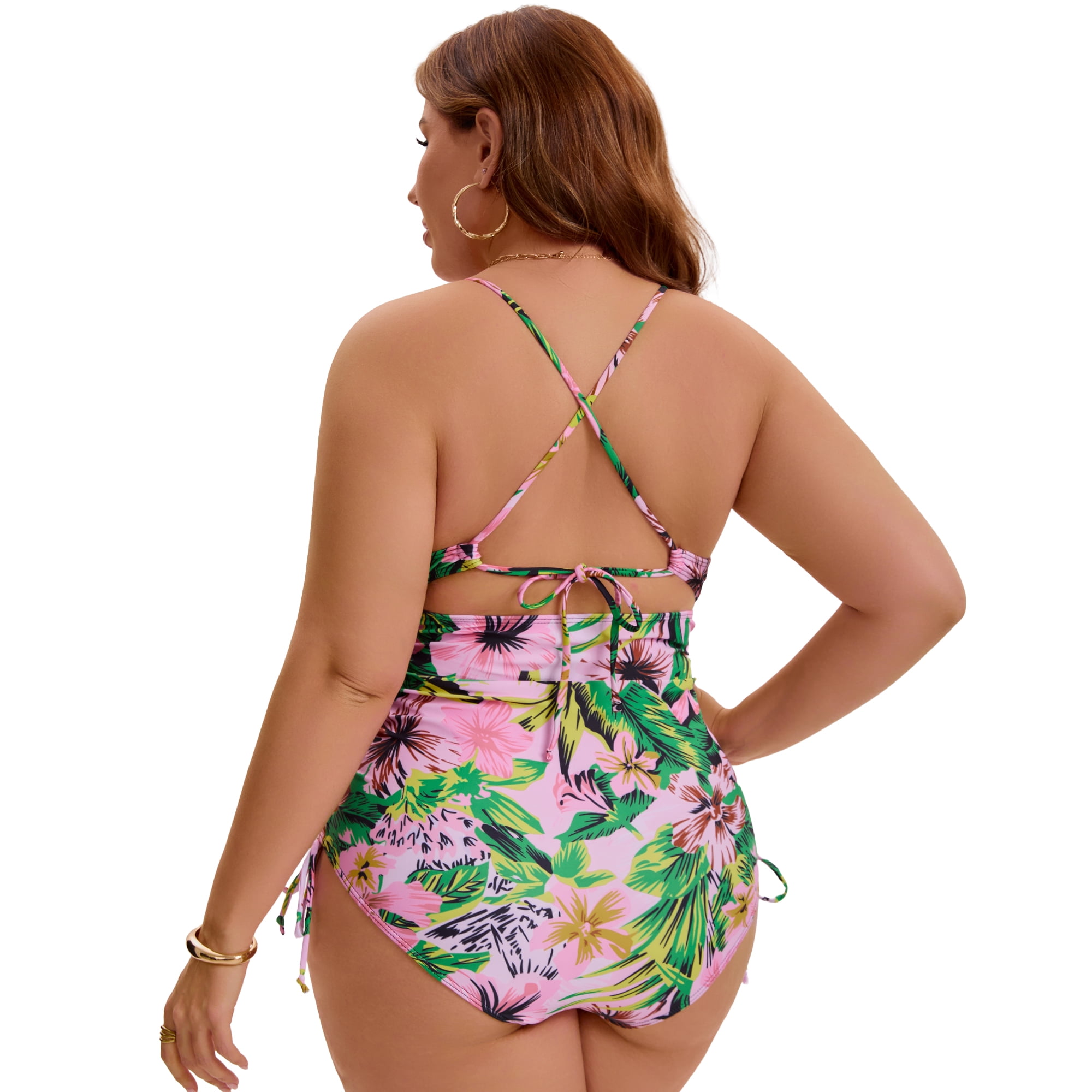 DARING DIVA Women's Plus Swimsuit Tummy Control Cutout Monokini 2X Pink Green Floral
