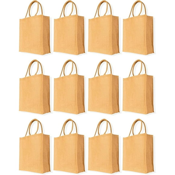 12-Pack Reusable Jute Tote Bags with Handles – Large Jute Shopping and Gift Bags, Ideal for Grocery, Kitchen, Women’s Wedding Favors, and More. Size: 18" x 16" x 7".