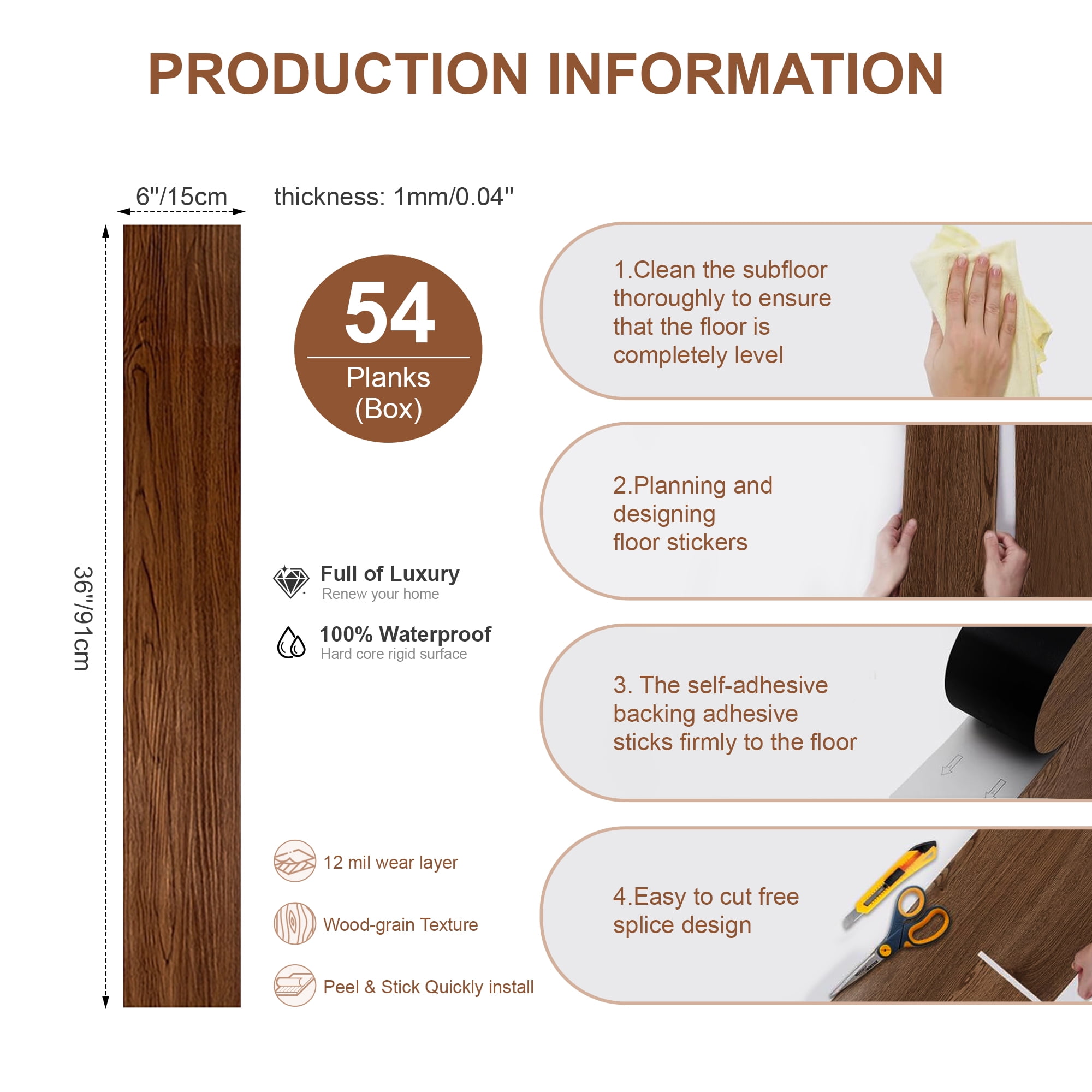 6''W x 36''L Peel & Stick, Vinyl Plank Flooring, Wood Grain, Self-adhesive And Waterproof Tile Sticker, DIY Stickers-for Decorating Living Rooms, Bedrooms, Offices,,54pcs (cover 81 Sq. ft)