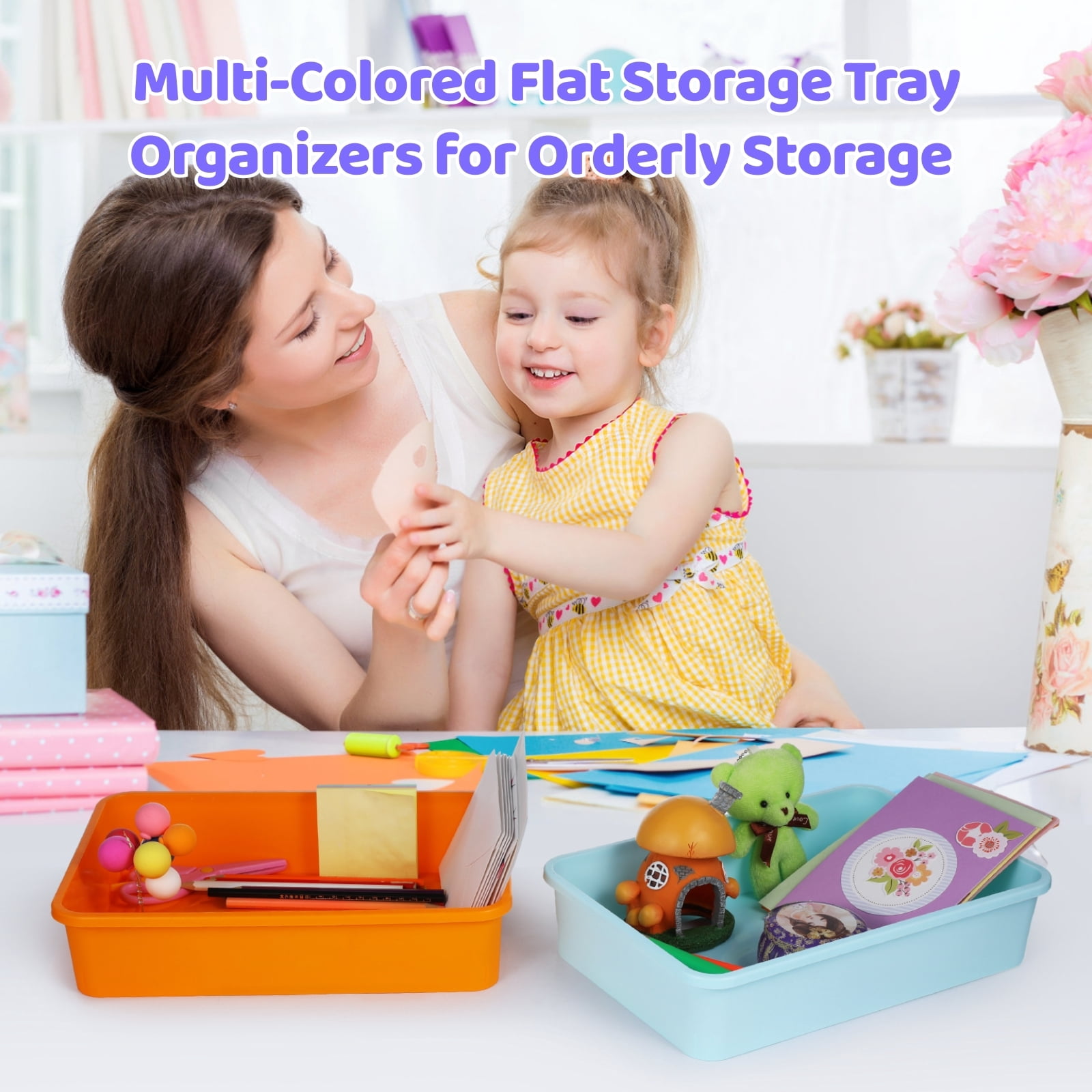 10 PCS Flat Storage Trays, Daily Items Organizer Bins Trays for Classroom Art Activity Plastic Stackable Trays File Organizers for School Office Teacher Book Organization