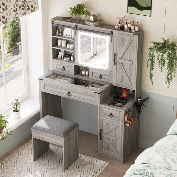 Youmumeub Makeup Vanity Set with LED Mirror & Built-in Outlet — Farmhouse Dressing Table with Glass Top Display, Open Shelves, 4 Drawers, Side Cabinet and Cushioned Stool, Gray