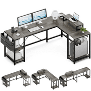 GIKPAL 95" Reversible Computer Desk, L Shaped Desk Office Desk with 3 Shelves/ Monitor Stand/ Storage Bag/ Hooks for Home Office, Grey