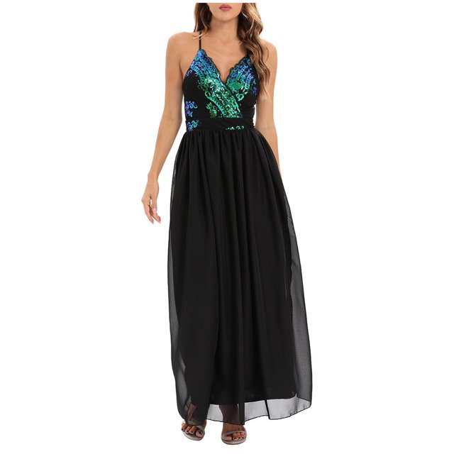 TIMIFIS Robe Longue Sirène Maxi Sans Manches à Paillettes pour Femme, Soirée Cocktail Bal de Promo Automne