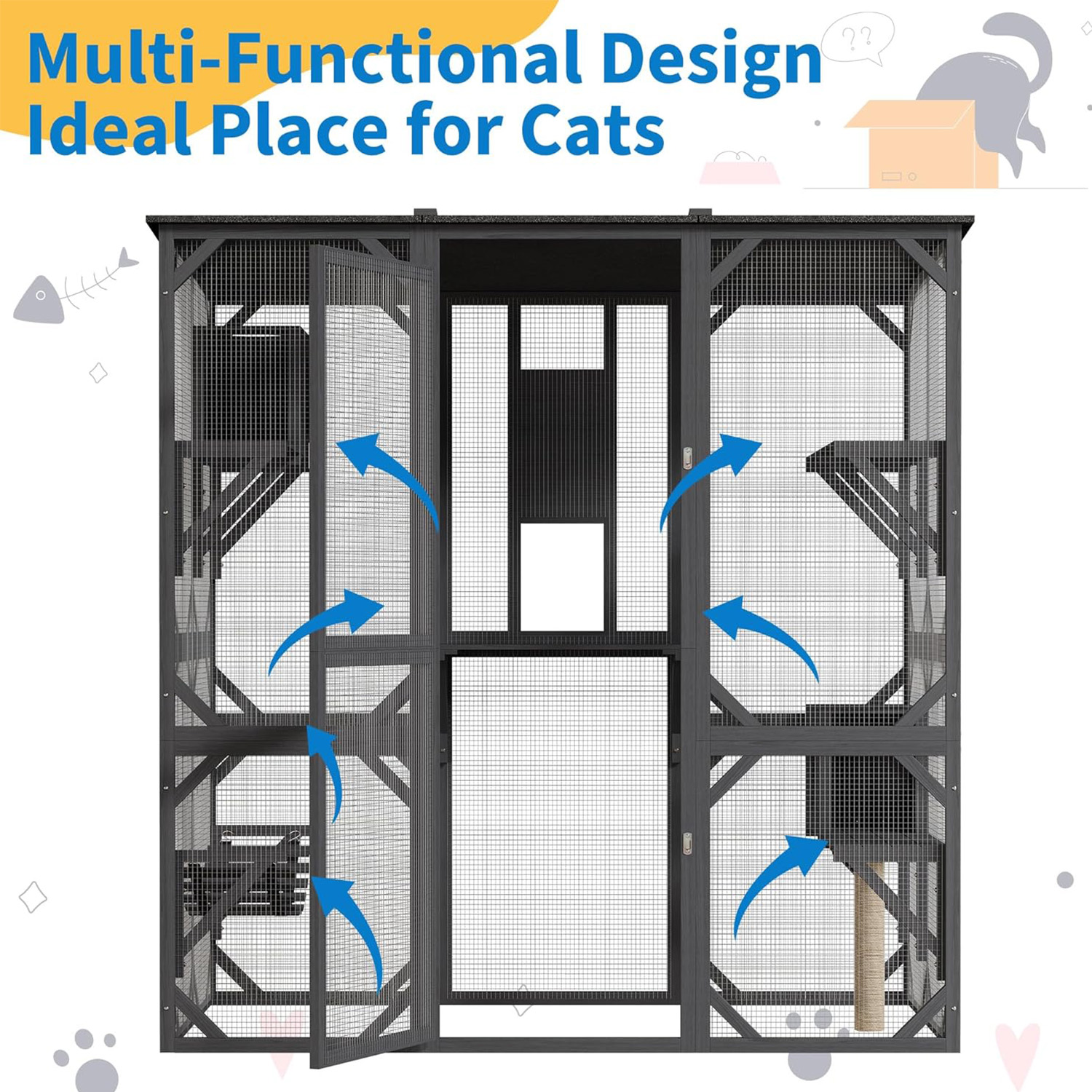 Roromall Large Walk-in Window Catio Outdoor, 70'' Wooden Cat Enclosure for Mulitiple Cats with Waterproof Roof, Feral Cat Shelter with Platforms, Hammock, Scratching Post and Resting Box