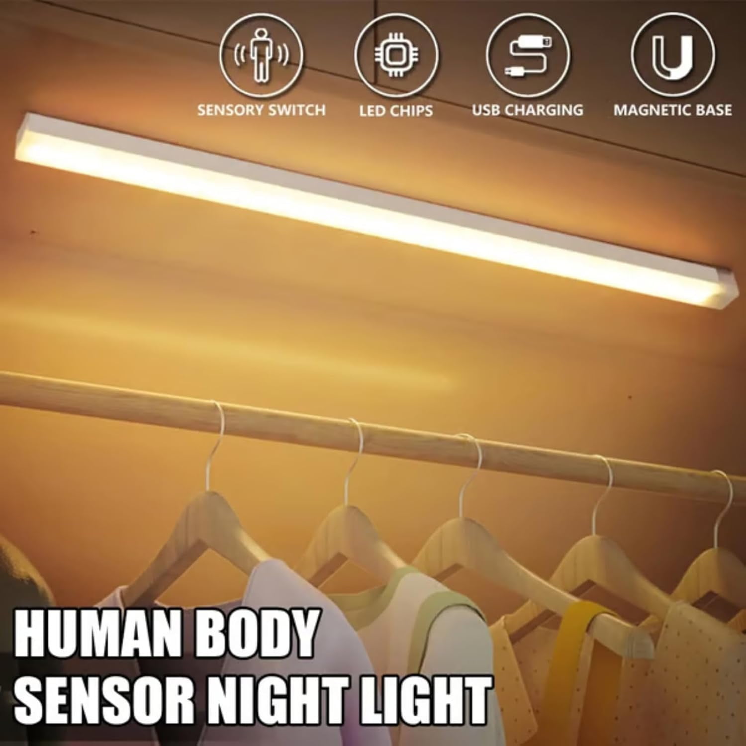 Magnetic Rechargeable LED Motion Sensor Lights – 3 Color Temperature Closet Lights, USB Stick-on Wireless Lights for Wardrobe, Cabinet, Stairs, Hallway