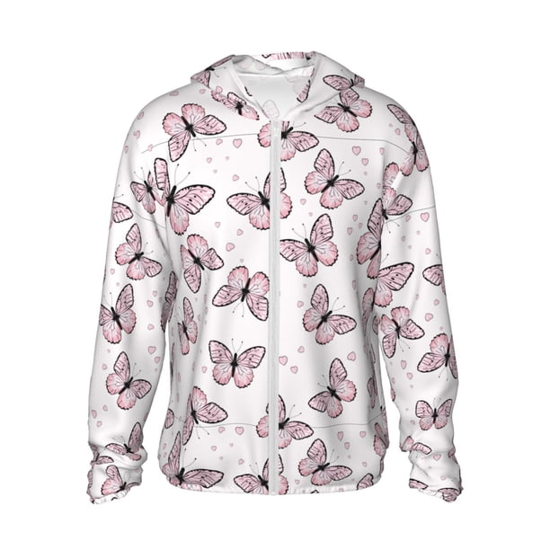Fotbe Pink Butterflies (2) Chaqueta con Protección Solar UPF 50+ para Hombre y Mujer, Camisa con Capucha y Bolsillos-Large