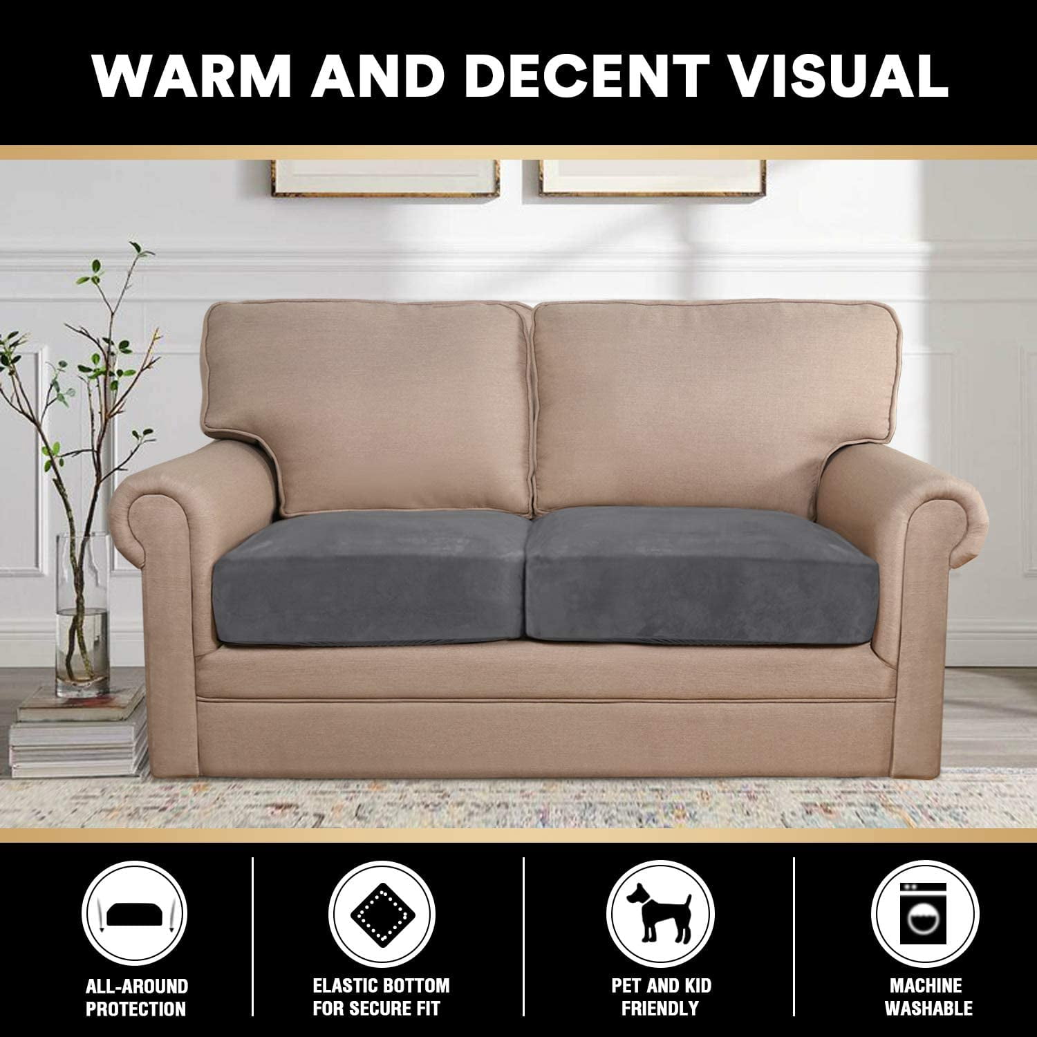 Velvet Stretch Couch Cushion Cover Plush Cushion Slipcover for Chair Sofa Cushion Furniture Protector Seat Cushion Sofa Cover Set of 2