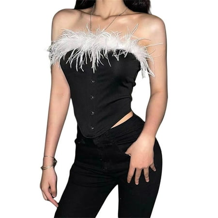 

Women Sexy Strapless Bandeau Tube Corset Crop Tops Fuzzy Fluffy Faux Fur Trim Streetwear Club Party