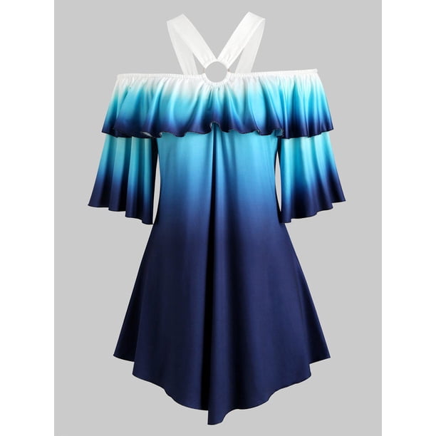 Abrir hombro volantes O Ring Ombre más tapa del tamaño Rosegal Camisetas tallas grandes
