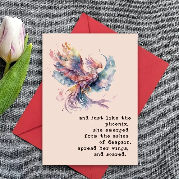 Inspirational Phoenix Greeting Card – "Emerging from the Ashes" Design – Blank Inside with Envelope Included – Perfect for Encouragement, Support, and Special Occasions