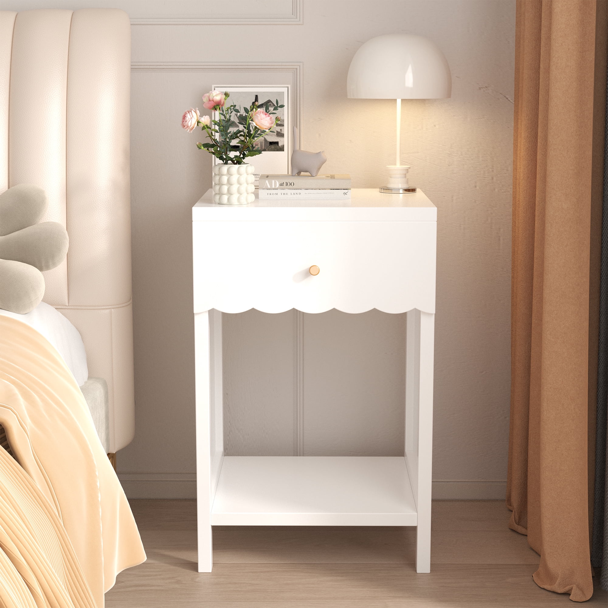 Modern White Nightstand with Drawer & Open Shelf, Scalloped Edge Bedside Table, Minimalist Cute Side Table for Bedroom Kids Room Girls Room