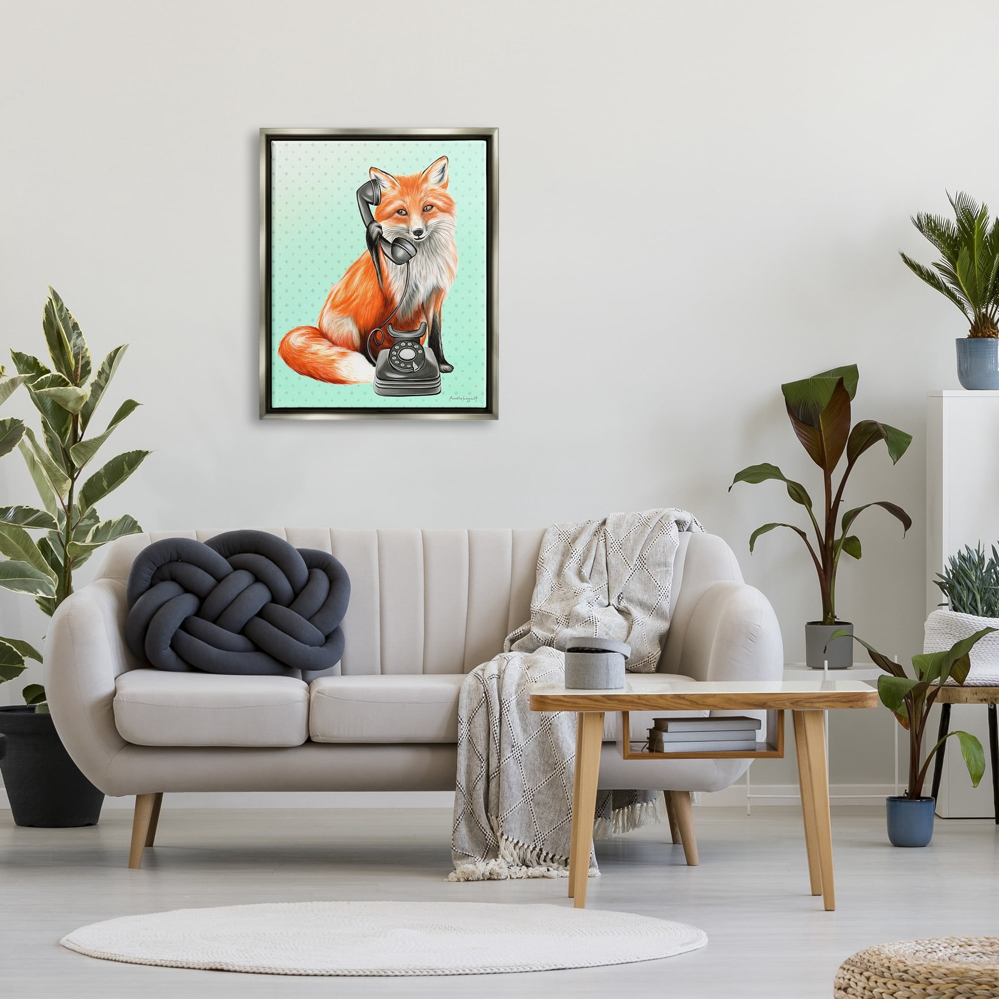Stupell Industries Red Fox Vintage Phone Dotted Ombre Pattern Graphic Art Luster Gray Floating Framed Canvas Print Wall Art, Design by Amelie Legault