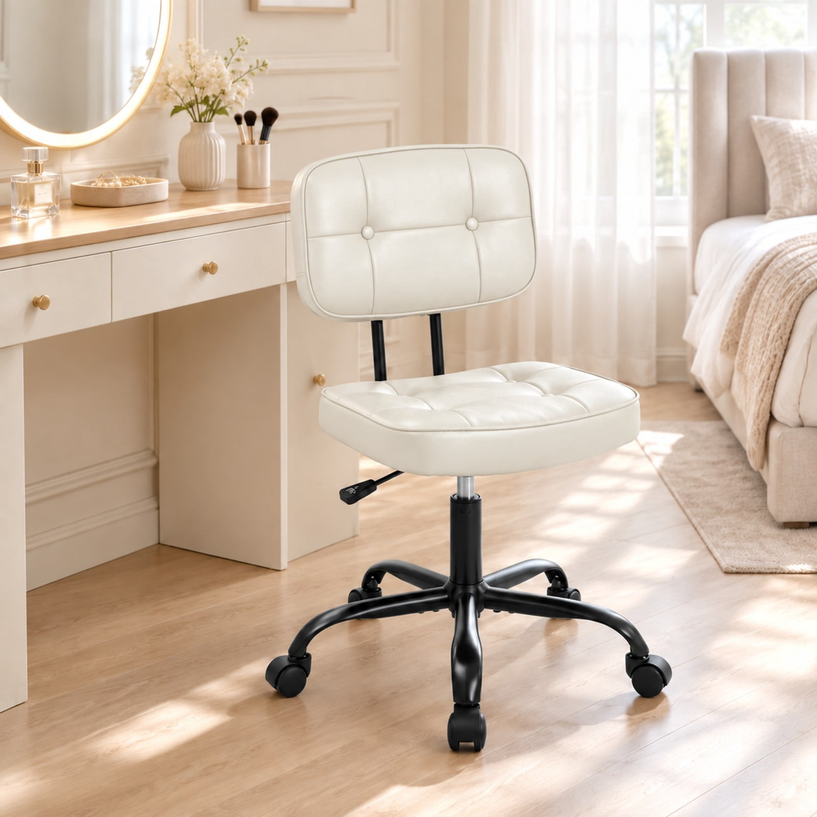 Telyra Armless Office Chair Adjustable PU Leather Desk Chair with Wheels Padded Low-Back Swivel Vanity Chair, Beige