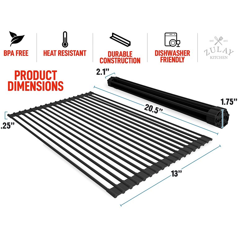 Zulay 20.5 x 13 Roll Up Drying Rack - Silicone-Coated Stainless Steel  Over Sink Dish Drying Rack - Multipurpose Foldable Sink Rack for Kitchen