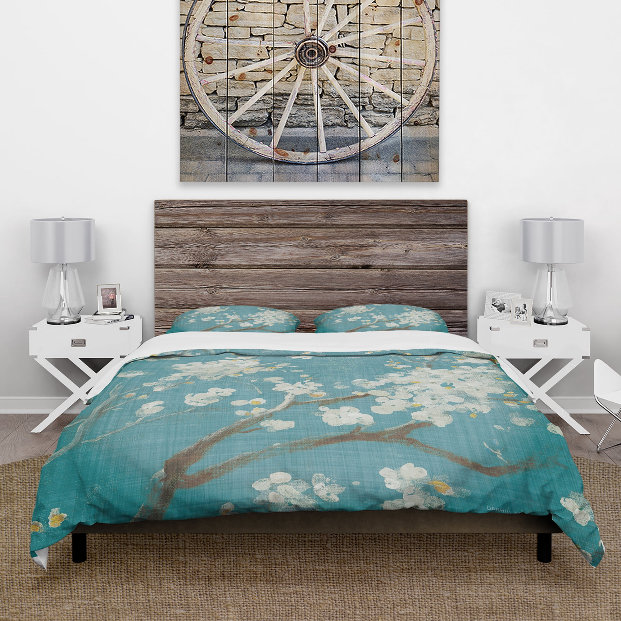 Designart 'Blue Cherry Blossoms II' Cottage Duvet Cover Set