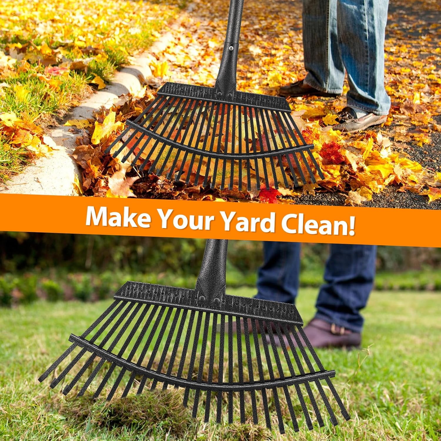25-Tine Leaf Rake, 60-inch Heavy Duty Metal Garden Rake for Lawns & Yards – Small Rake Head